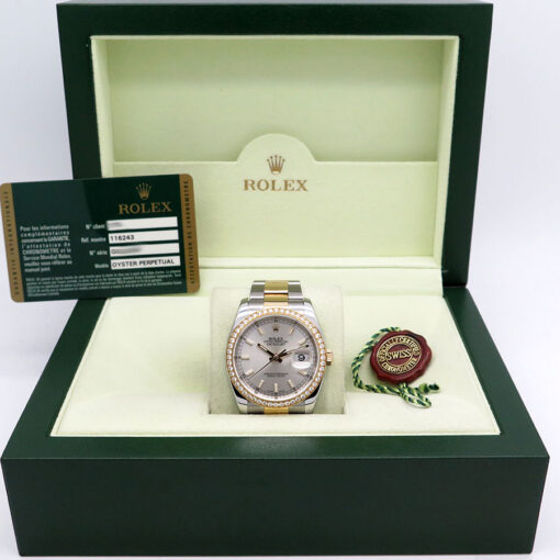 Alternative view of Rolex 116243 Datejust 36 18K/SS with Silver Stick Dial / Diamond Bezel on Oyster