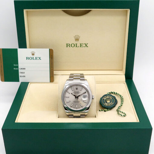 Alternative view of Rolex 126300 Datejust 41 with Silver Stick Dial on Oyster