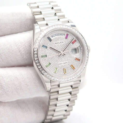 Rolex 128396TBR Platinum Day Date with Pave Diamond Dial / Baguette Diamond Bezel w/Rainbow Indices