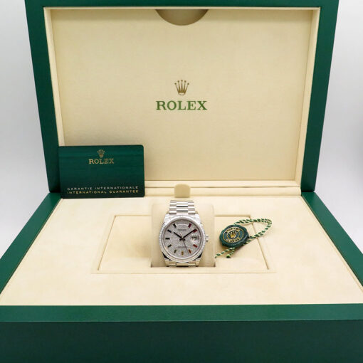 Alternative view of Rolex 128396TBR Platinum Day Date with Pave Diamond Dial / Baguette Diamond Bezel w/Rainbow Indices