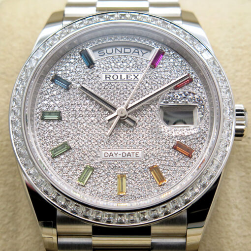 Rolex 128396TBR Platinum Day Date with Pave Diamond Dial / Baguette Diamond Bezel w/Rainbow Indices - Image 3